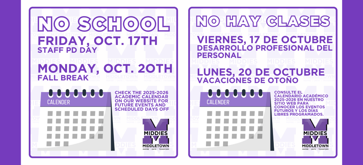 Two images, one in English and one in Spanish, announcing days off of school- October 17th and October 20th